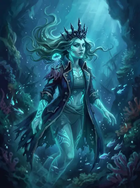 Portrait of Captain Thalassa, glowing ghostly pirate queen